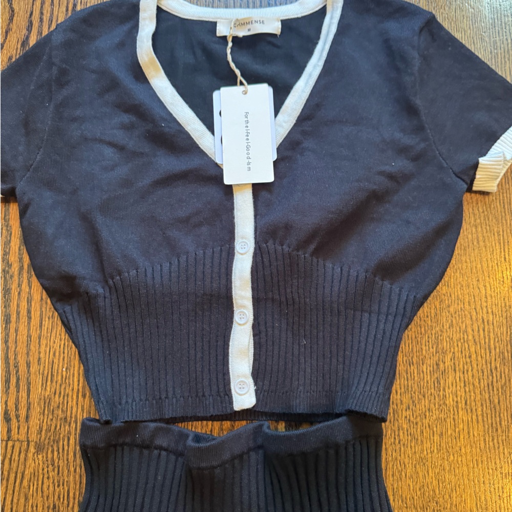 Black and Gray Cropped Cardigan Set